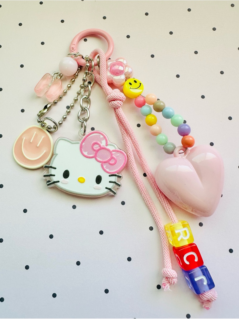 Hello Kitty Pastel Pink Beaded Charm Key Ring